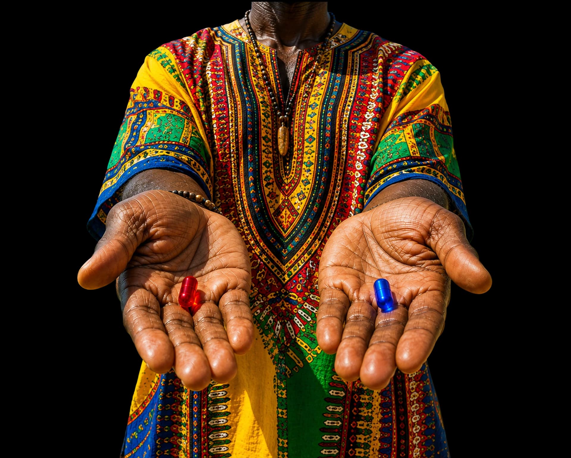 A man on a tropical island shore offering a red pill in one open palm and a blue pill in the other